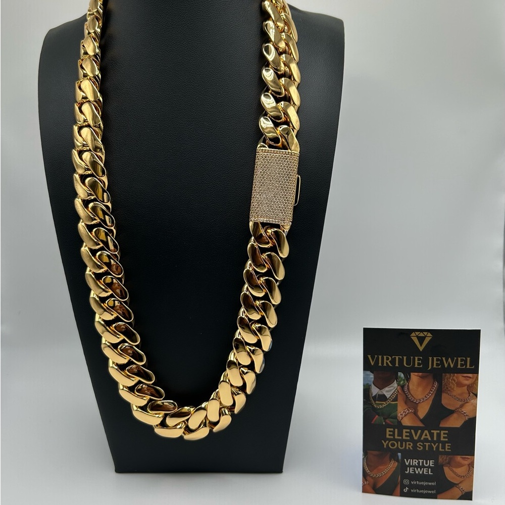 20mm Miami Cuban Link Gold Plated Chain Necklace 18k & 14k Diamond Lock